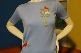 1960's Rare Unique Embroidered Knit Short Sleeve Shirt Red Robin