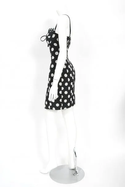 1990's Dolce & Gabbana Polka-Dot Print Silk Bustier Lace-Up Slip Dress