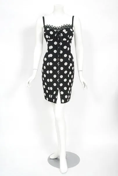 1990's Dolce & Gabbana Polka-Dot Print Silk Bustier Lace-Up Slip Dress