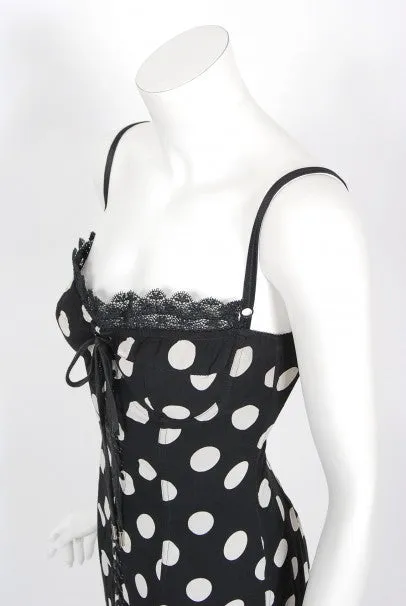 1990's Dolce & Gabbana Polka-Dot Print Silk Bustier Lace-Up Slip Dress