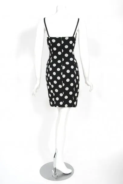 1990's Dolce & Gabbana Polka-Dot Print Silk Bustier Lace-Up Slip Dress