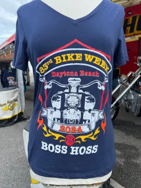 '24 Ladies Daytona Boss Hoss V-neck Navy T-shirt