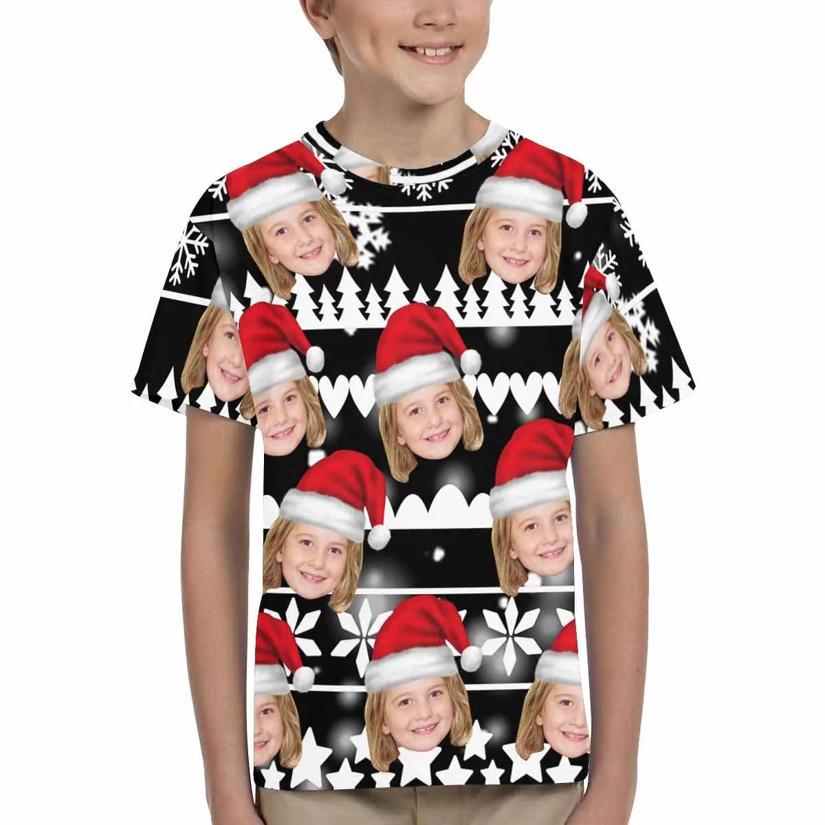 #6-15Y Custom Face Merry Christmas Snowflake Happy Time Kid's All Over Print T-shirt