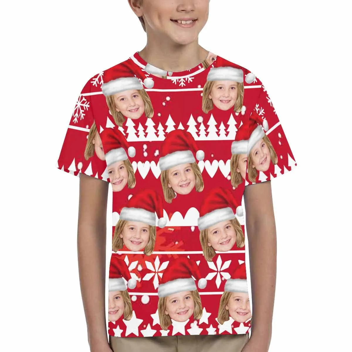 #6-15Y Custom Face Merry Christmas Snowflake Happy Time Kid's All Over Print T-shirt