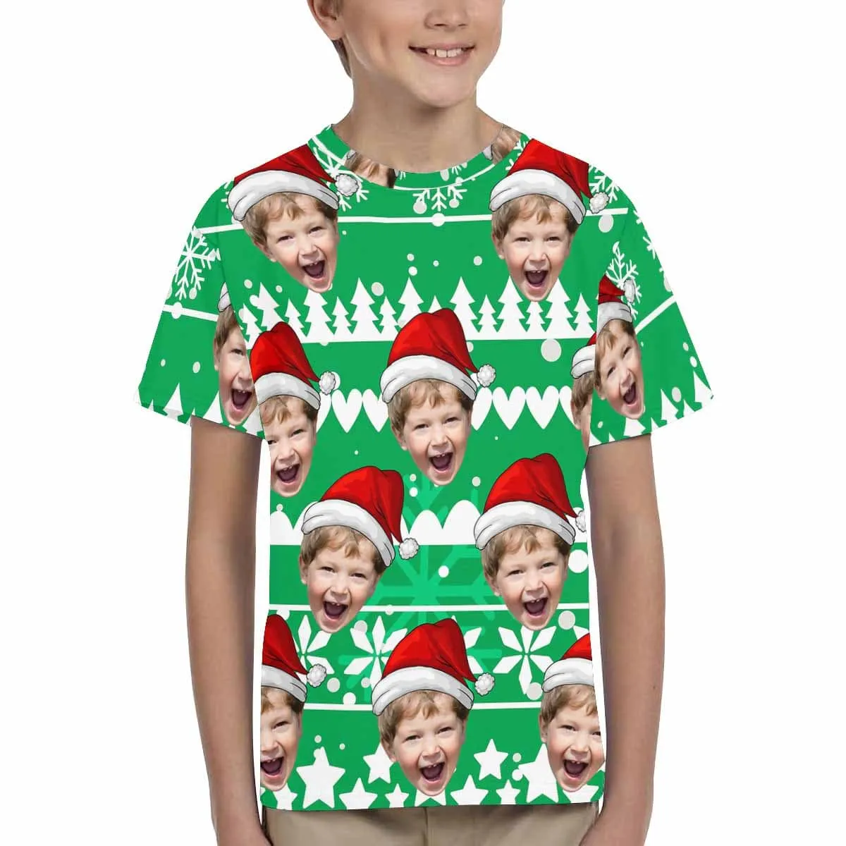 #6-15Y Custom Face Merry Christmas Snowflake Happy Time Kid's All Over Print T-shirt