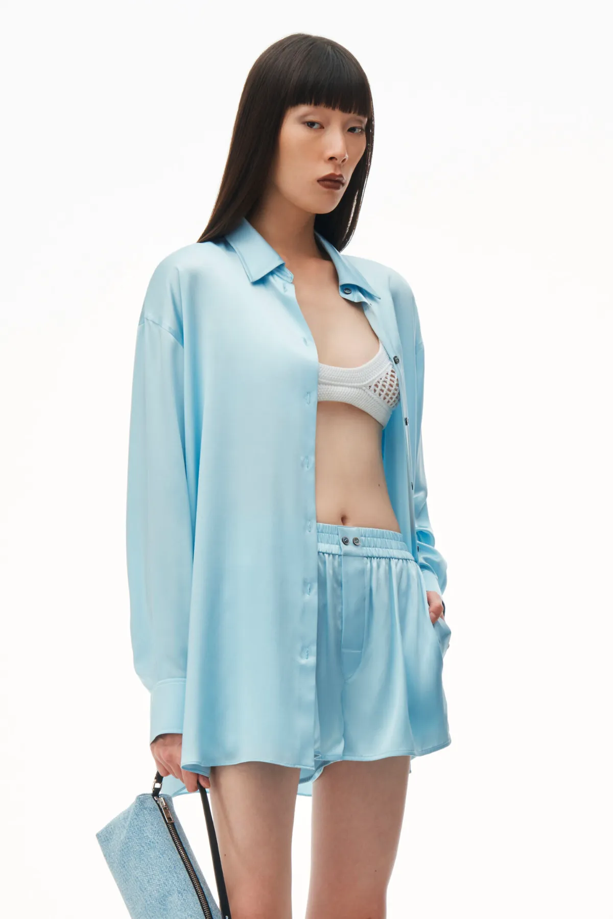Alexander Wang Oversized Silk Shirt with Logo Cut Out -Shine Blue