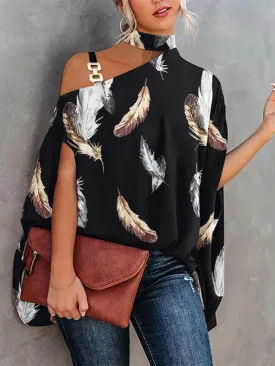 Batwing Sleeves Loose Asymmetric Chains Leaves Print Asymmetric Collar T-Shirts Tops