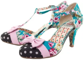 BETTIE PAGE BLOOM FLORAL DOT T-STRAP HEELS BLUE