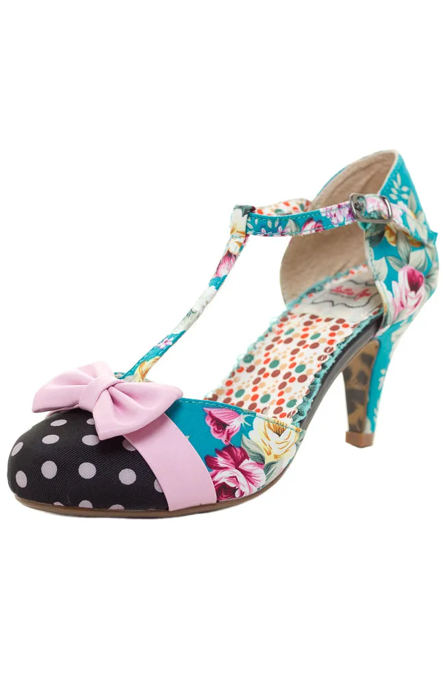 BETTIE PAGE BLOOM FLORAL DOT T-STRAP HEELS BLUE