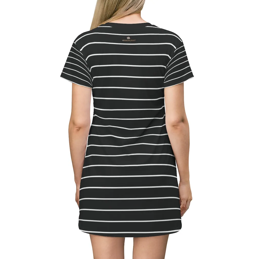 Black Striped T-Shirt Dress, Modern Classic Essential Women's Crewneck Dress-Made in USA