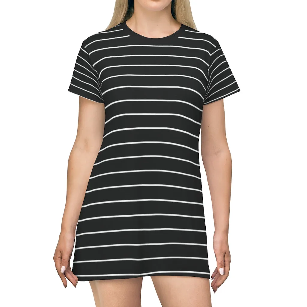 Black Striped T-Shirt Dress, Modern Classic Essential Women's Crewneck Dress-Made in USA