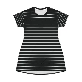 Black Striped T-Shirt Dress, Modern Classic Essential Women's Crewneck Dress-Made in USA