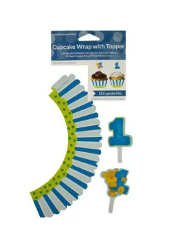 Boy&#039;s 1st Birthday Cupcake Wraps &amp; Toppers Set (Available in a pack of 24)