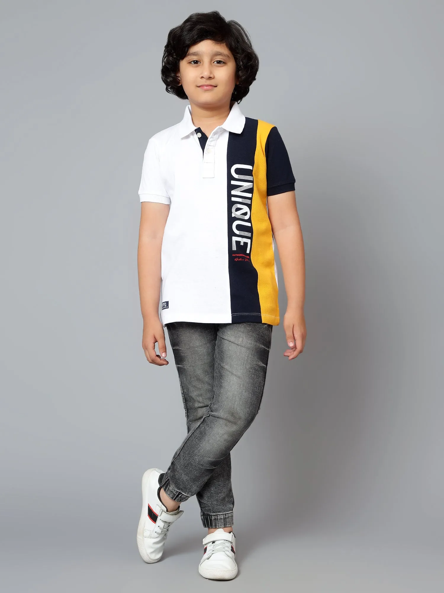 Cantabil Boy's White Color Block Polo Neck Half Sleeve T-shirt