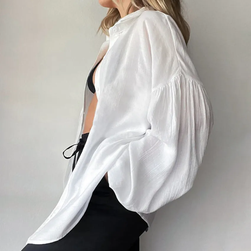 Casual Lantern Sleeve See-Through Lapel Shirt Solid Color Loose Wholesale Womens Long Sleeve T Shirts