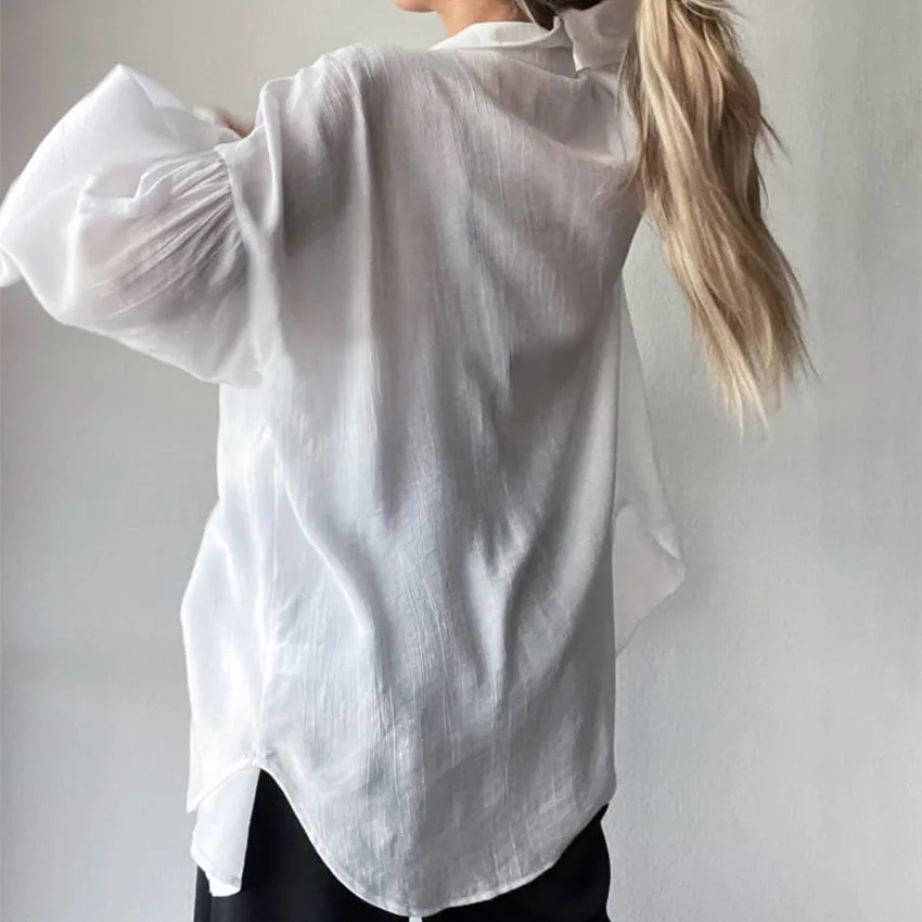 Casual Lantern Sleeve See-Through Lapel Shirt Solid Color Loose Wholesale Womens Long Sleeve T Shirts