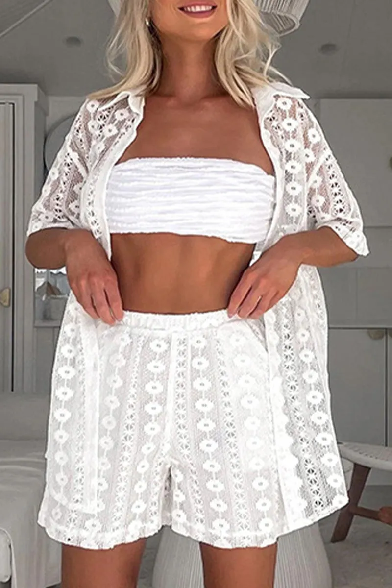 Casual Solid Lace Hollowed Out Turndown Collar Short Sleeve Two Pieces