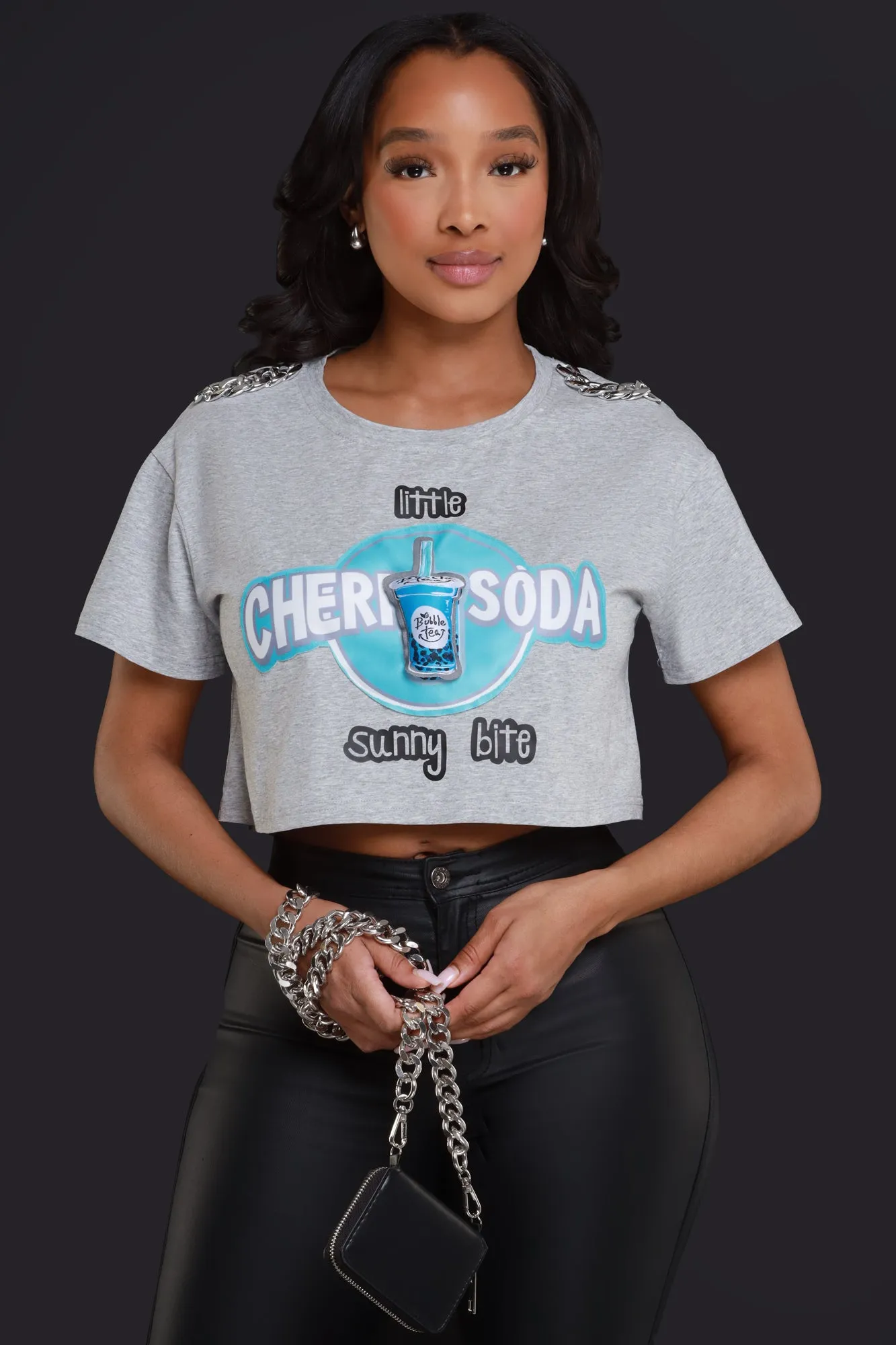 Cherry Soda Embellished Graphic Cropped T-Shirt - Grey