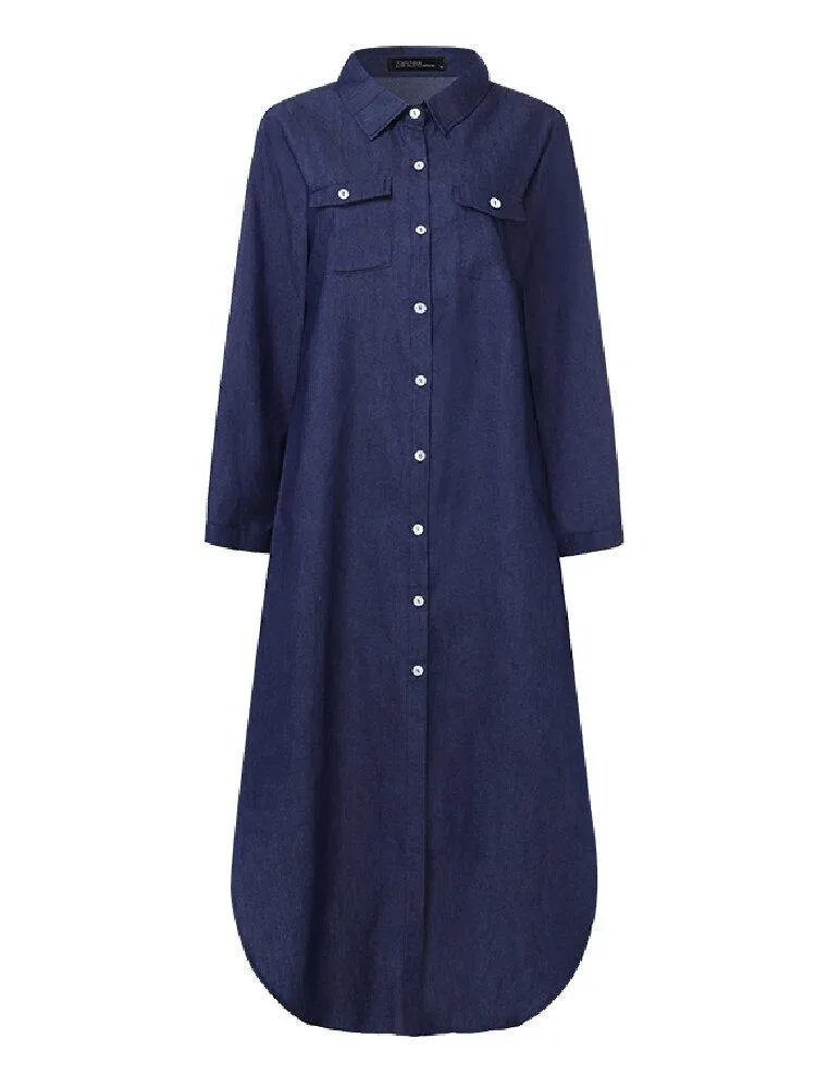 deanwangkt Casual Loose Button Front Irregular Split Hem Denim Maxi Shirt Dress with Front Pockets