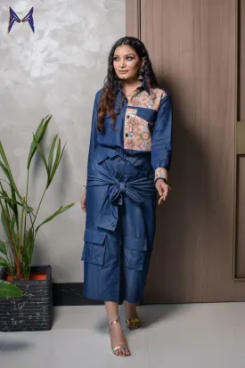 Denim Embroidered Shirt With Denim Skirt