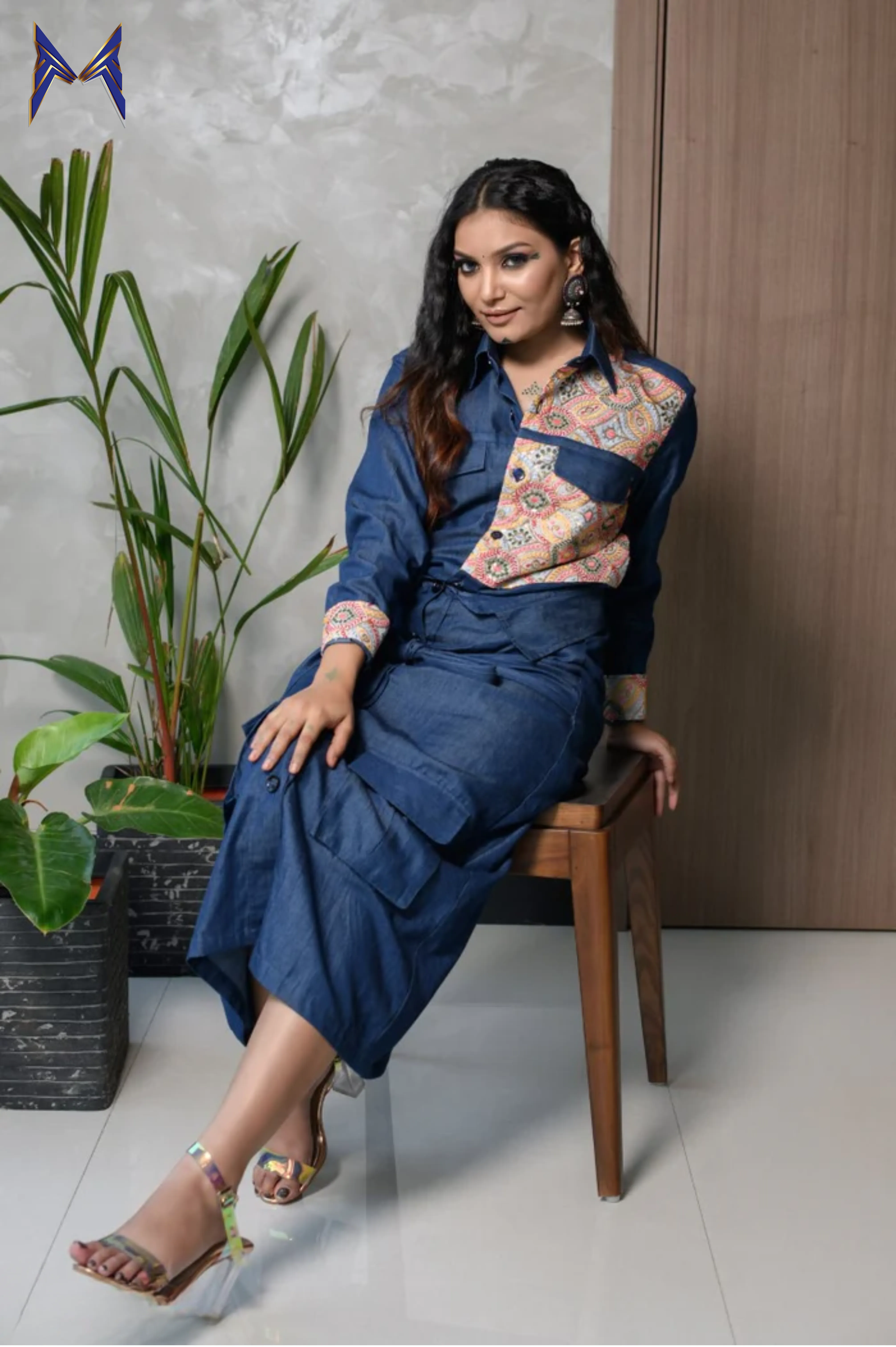 Denim Embroidered Shirt With Denim Skirt