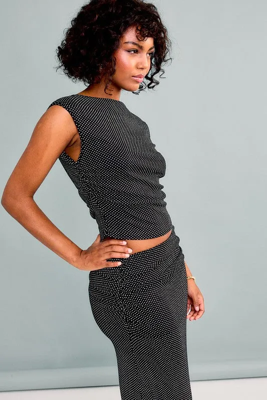 Destiny Sleeveless Boatneck Polka Dot Print Top And Maxi Skirt Black