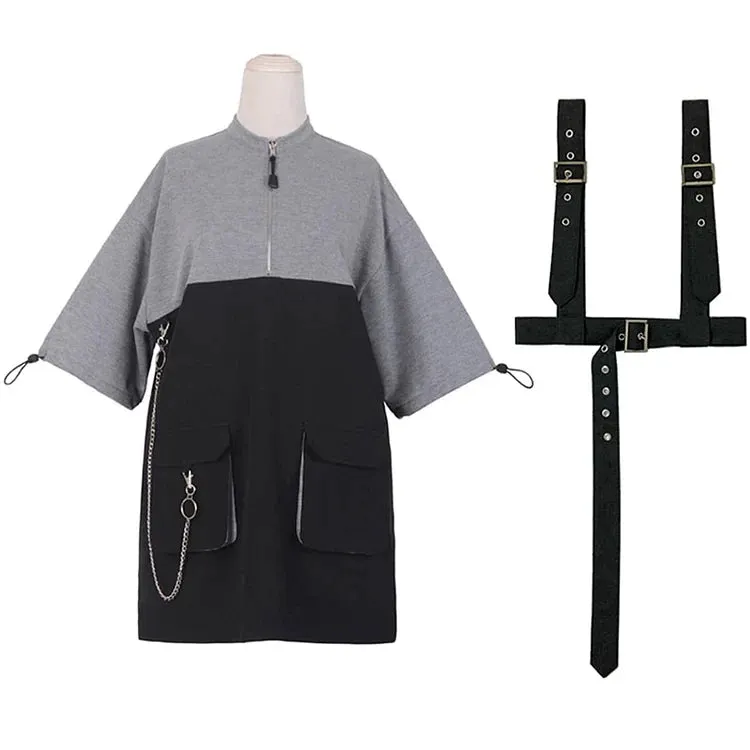 Edgy Punk Zipper Chain Pocket Belt T-Shirt Dress