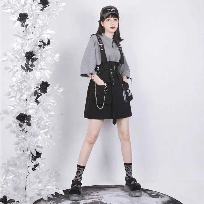 Edgy Punk Zipper Chain Pocket Belt T-Shirt Dress