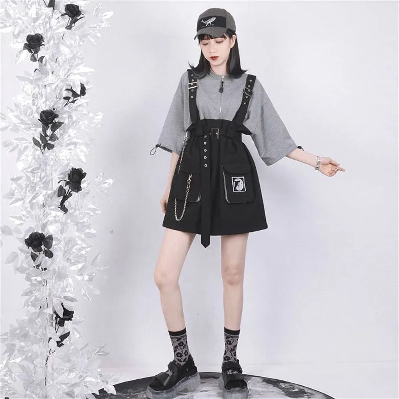 Edgy Punk Zipper Chain Pocket Belt T-Shirt Dress