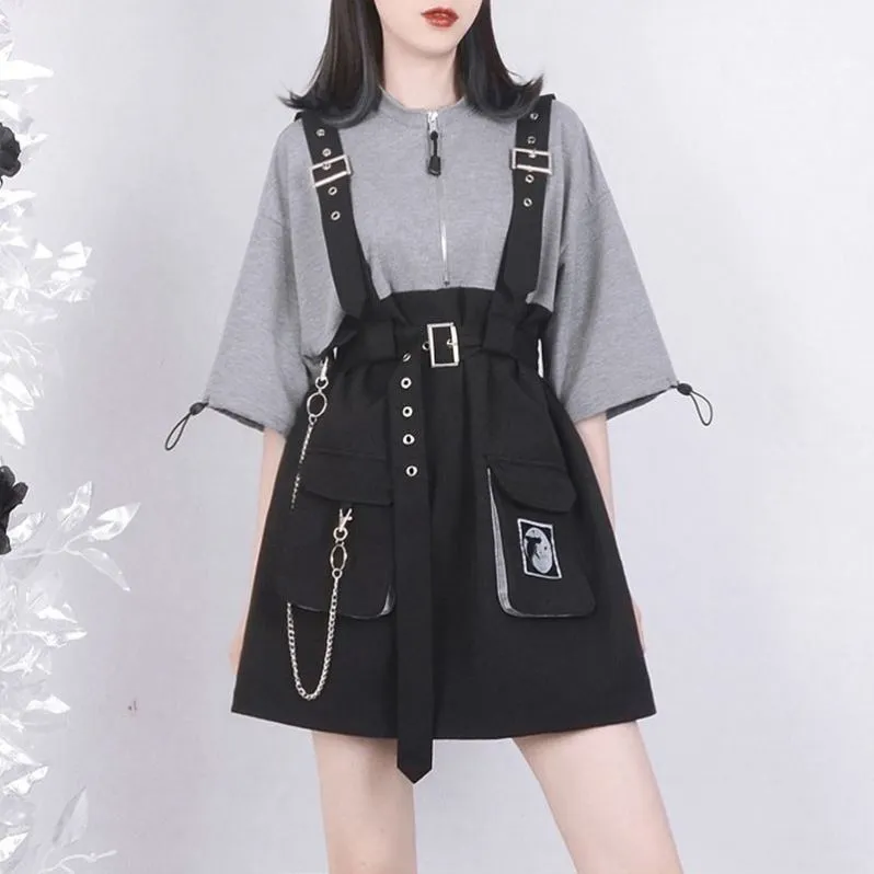 Edgy Punk Zipper Chain Pocket Belt T-Shirt Dress