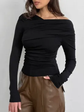 Long Sleeves Skinny Asymmetric Solid Color Asymmetric Collar T-Shirts Tops