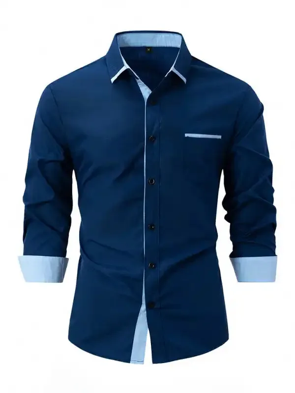 Men’s Color Block Business Slim Casual Shirt Long Sleeve Shirt