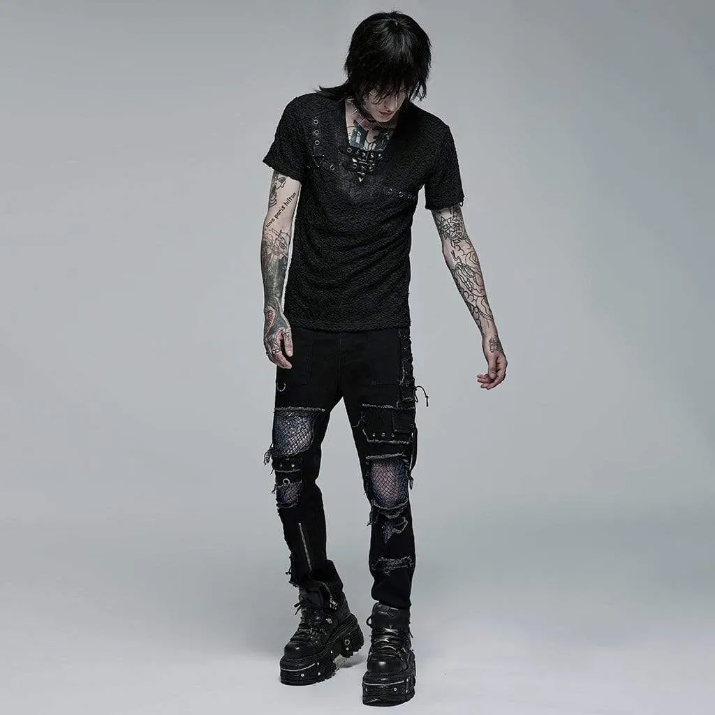 Men's Punk Buckle Splice Mesh T-shirt