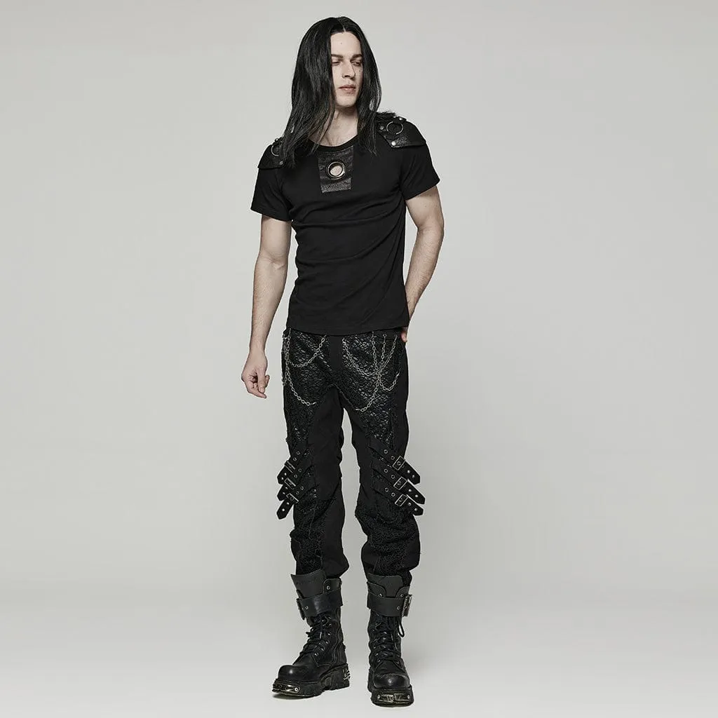 Men's Punk Cutout T-shirt with Detachable Shoulder Pad