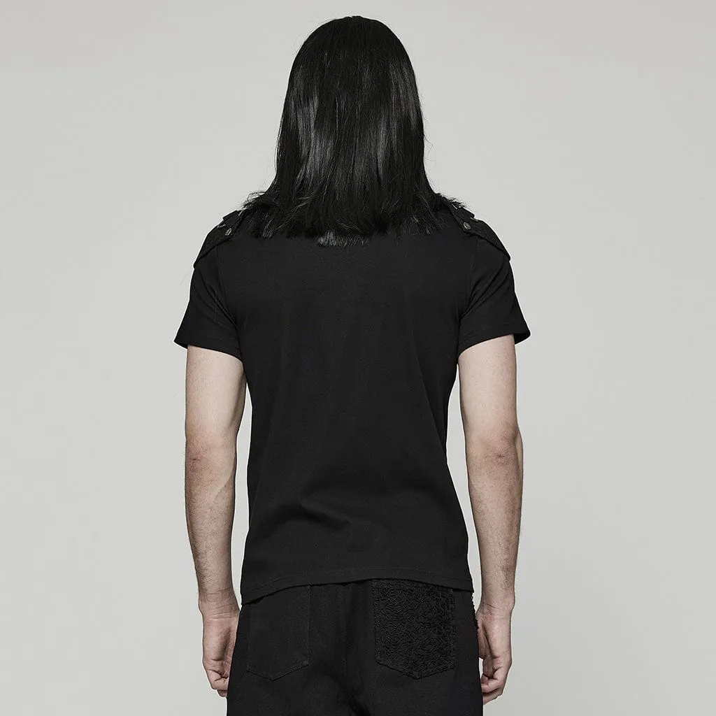 Men's Punk Cutout T-shirt with Detachable Shoulder Pad