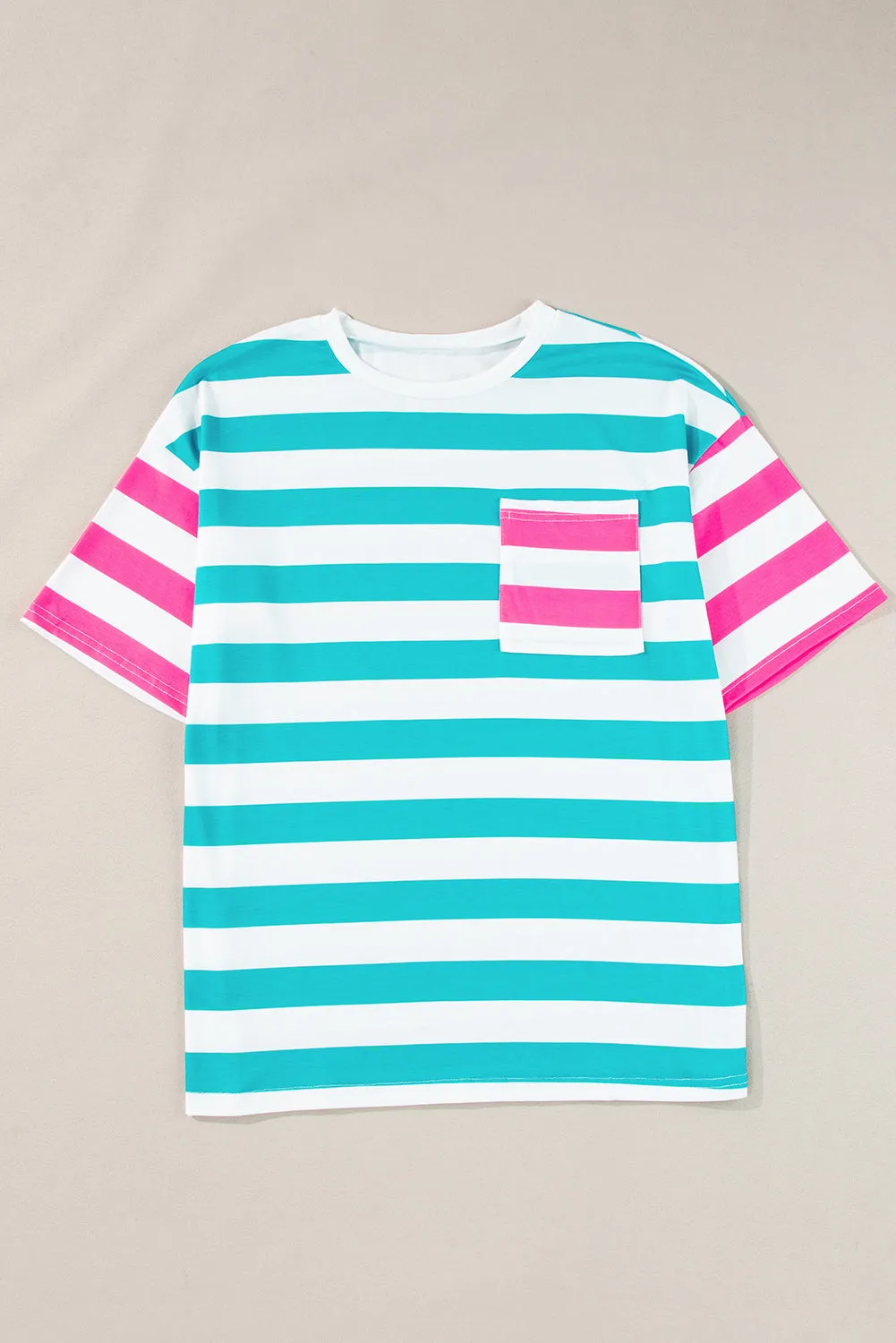 Pink Stripe Contrast Patch Pocket Drop Sleeve T Shirt