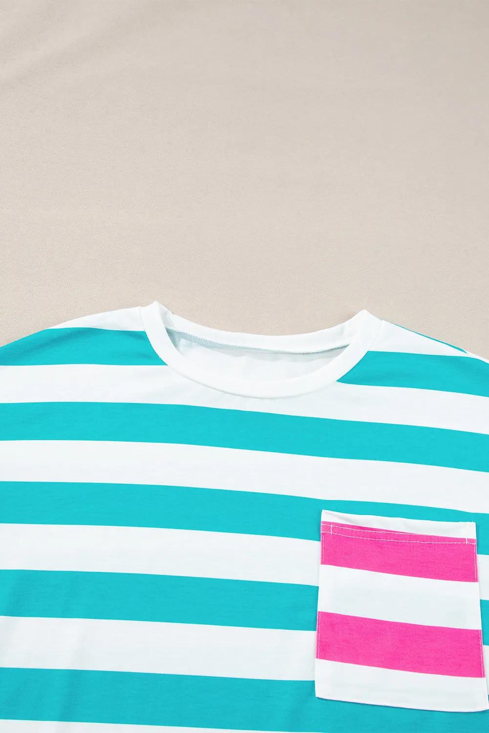 Pink Stripe Contrast Patch Pocket Drop Sleeve T Shirt