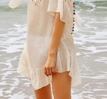 Polka Dot Pom cream cover-up beach tunic multi-colored pom fringe scoop back with cream crochet detail front & back turquoise tassel detail