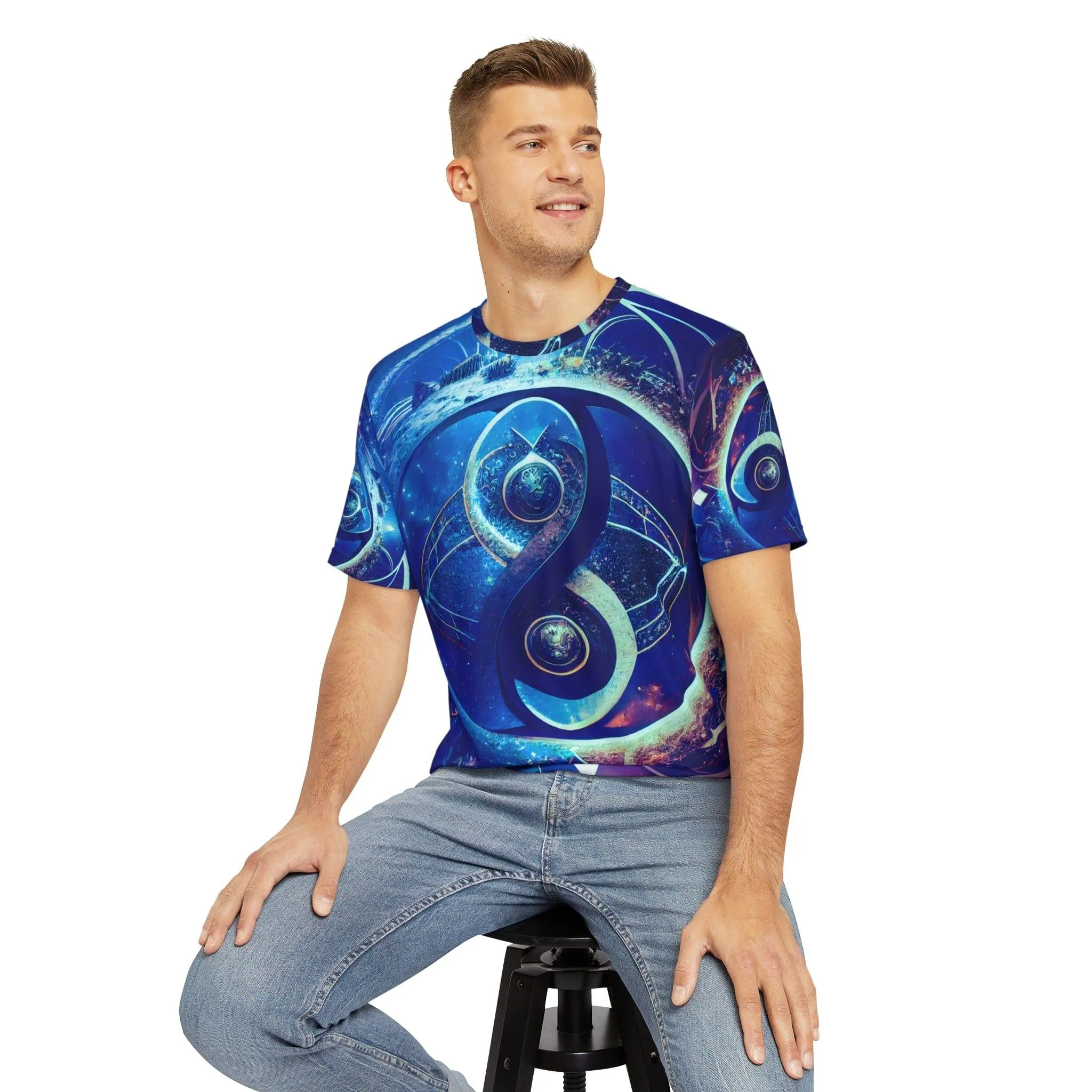 Sacred Geometry Infinity Blue "Perfect Balance" - All Over Print (AOP) / Sublimation Design - Digital AI Art T-Shirt for Street or Festival Wear