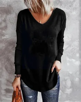 Solid Color Casual V-Neck Long Sleeve T-Shirt