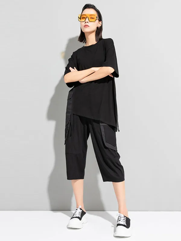 Stylish Loose Pocket Split-Joint Irregular Black T-Shirt