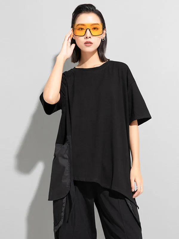 Stylish Loose Pocket Split-Joint Irregular Black T-Shirt