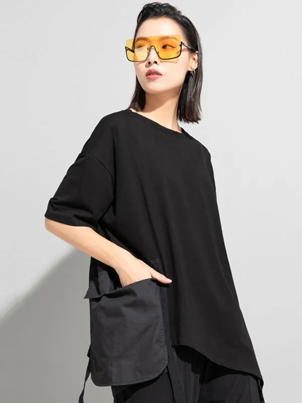 Stylish Loose Pocket Split-Joint Irregular Black T-Shirt