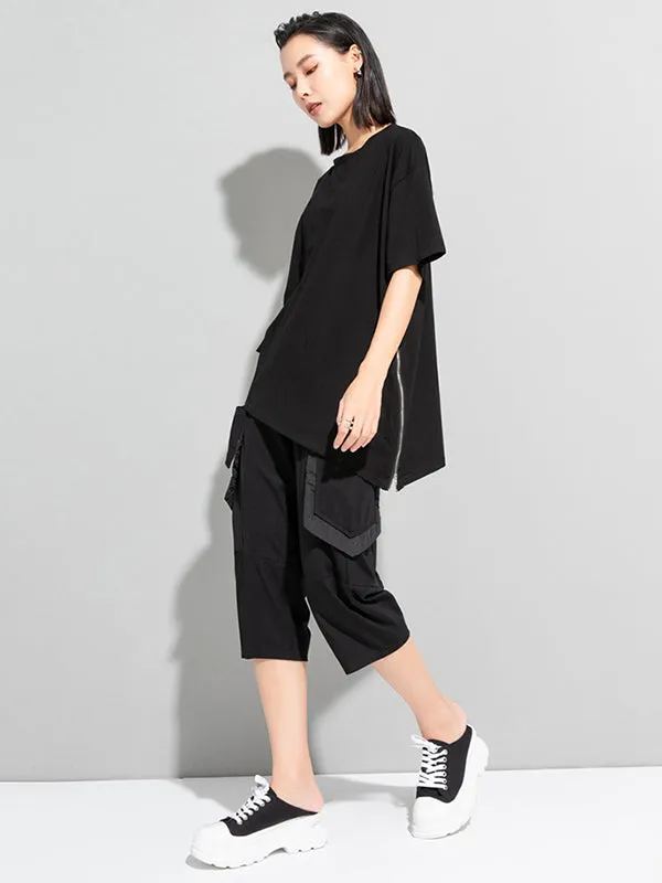 Stylish Loose Pocket Split-Joint Irregular Black T-Shirt