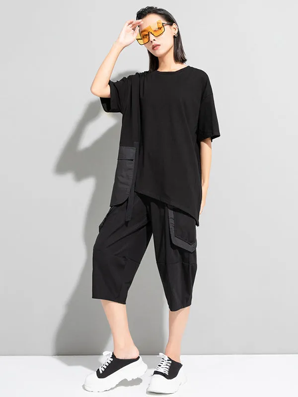 Stylish Loose Pocket Split-Joint Irregular Black T-Shirt