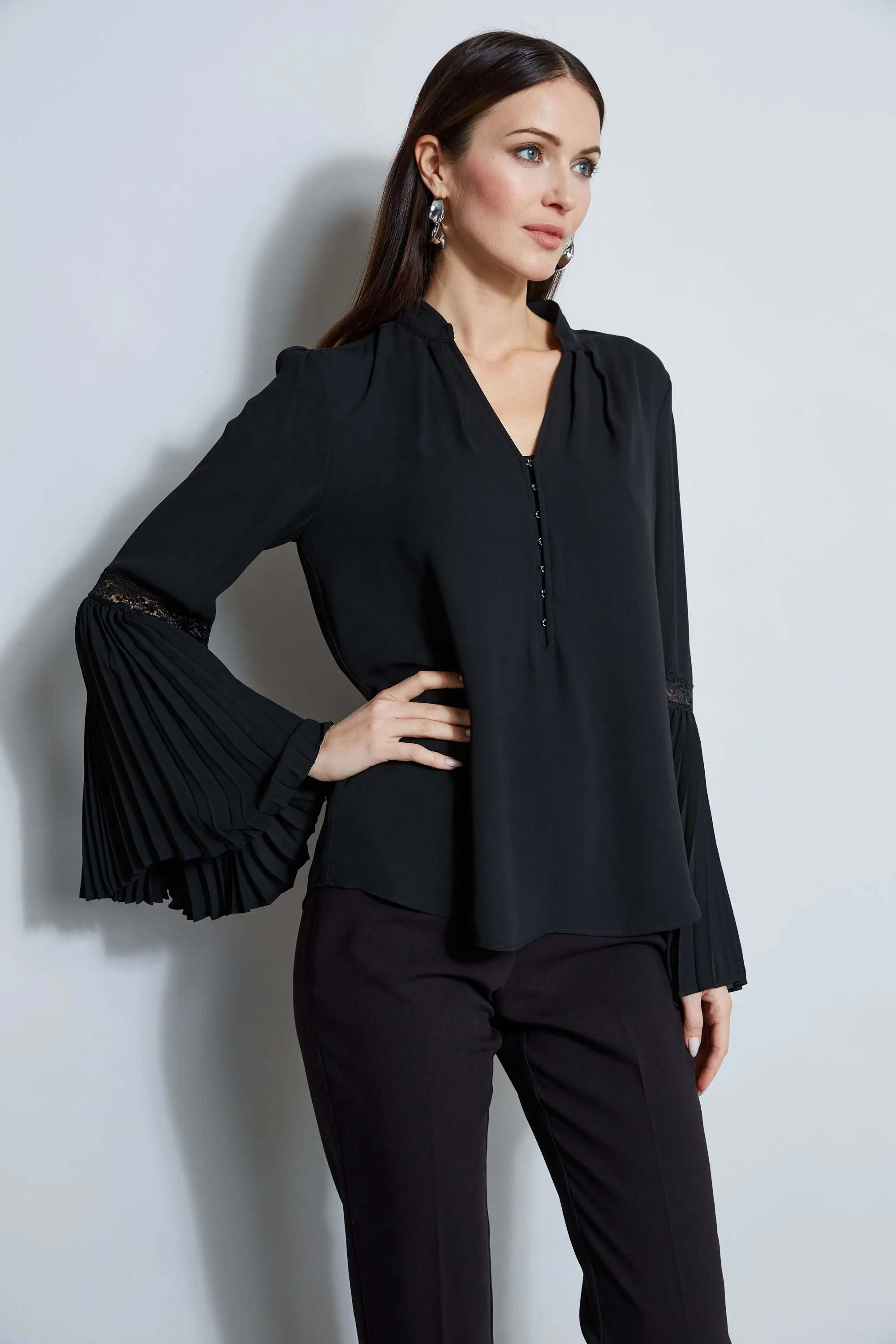 T-Tahari Pleated Lace Sleeve Shirt