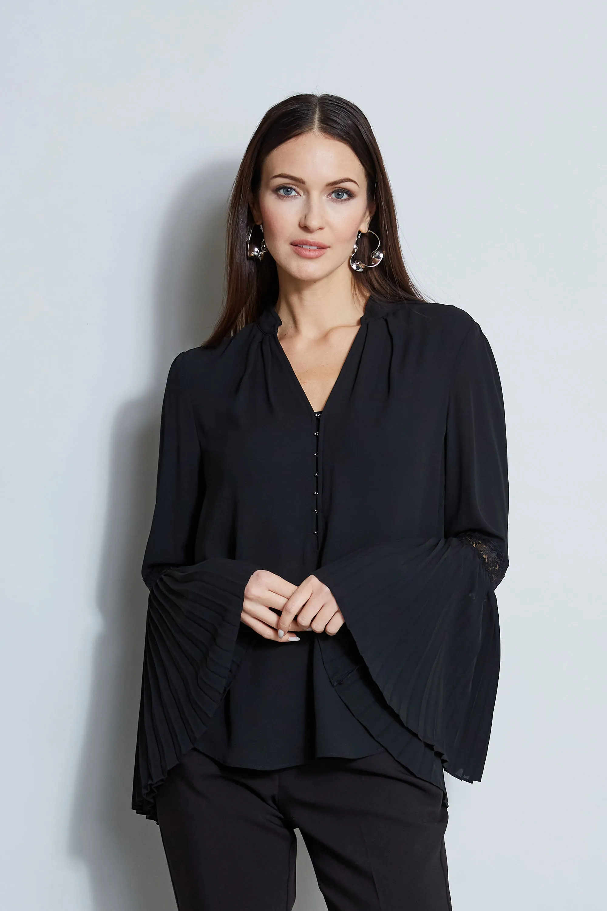 T-Tahari Pleated Lace Sleeve Shirt