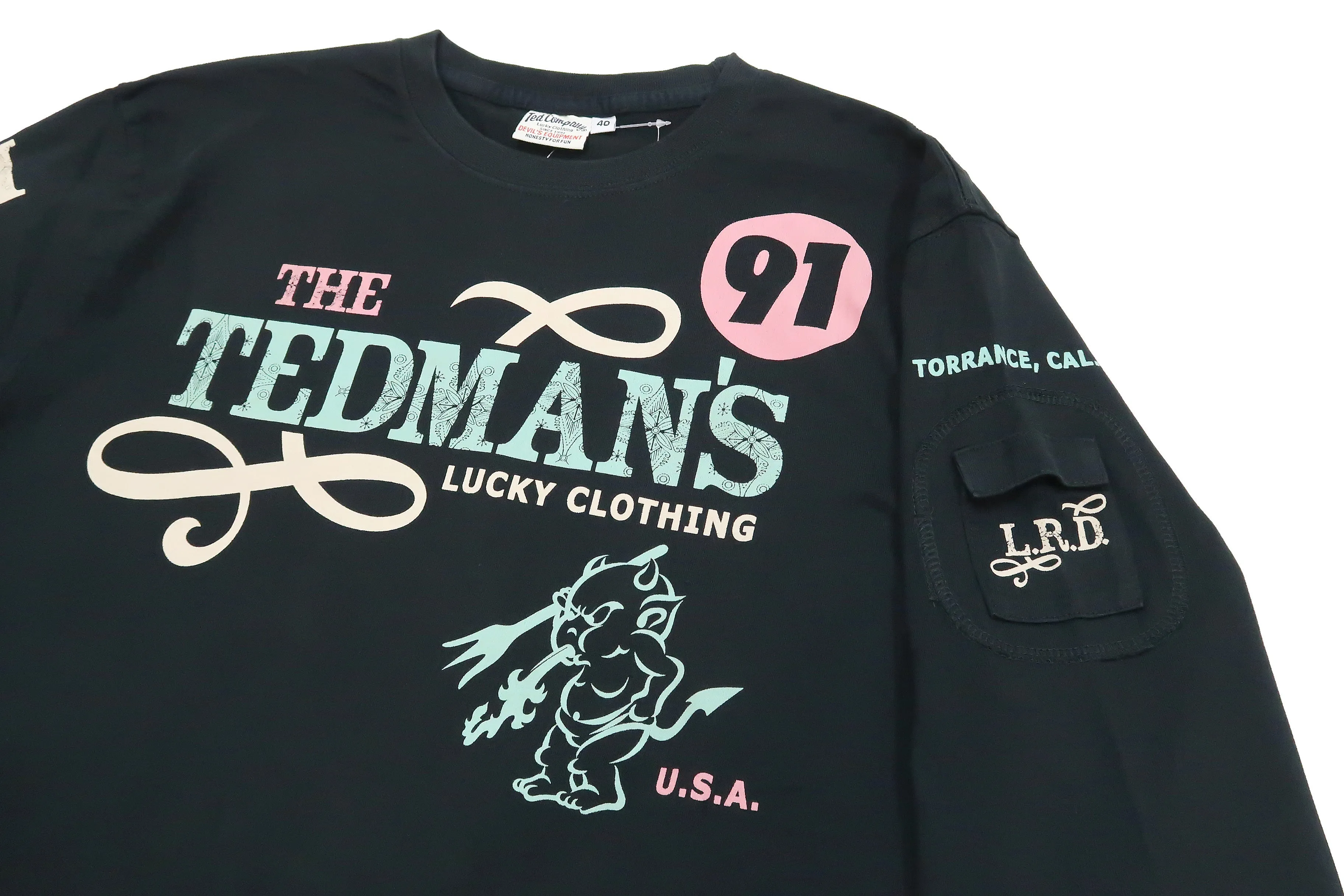 Tedman T-Shirt Men's Lucky Devil Graphic Long Sleeve Tee Efu-Shokai TDLS-350 Black