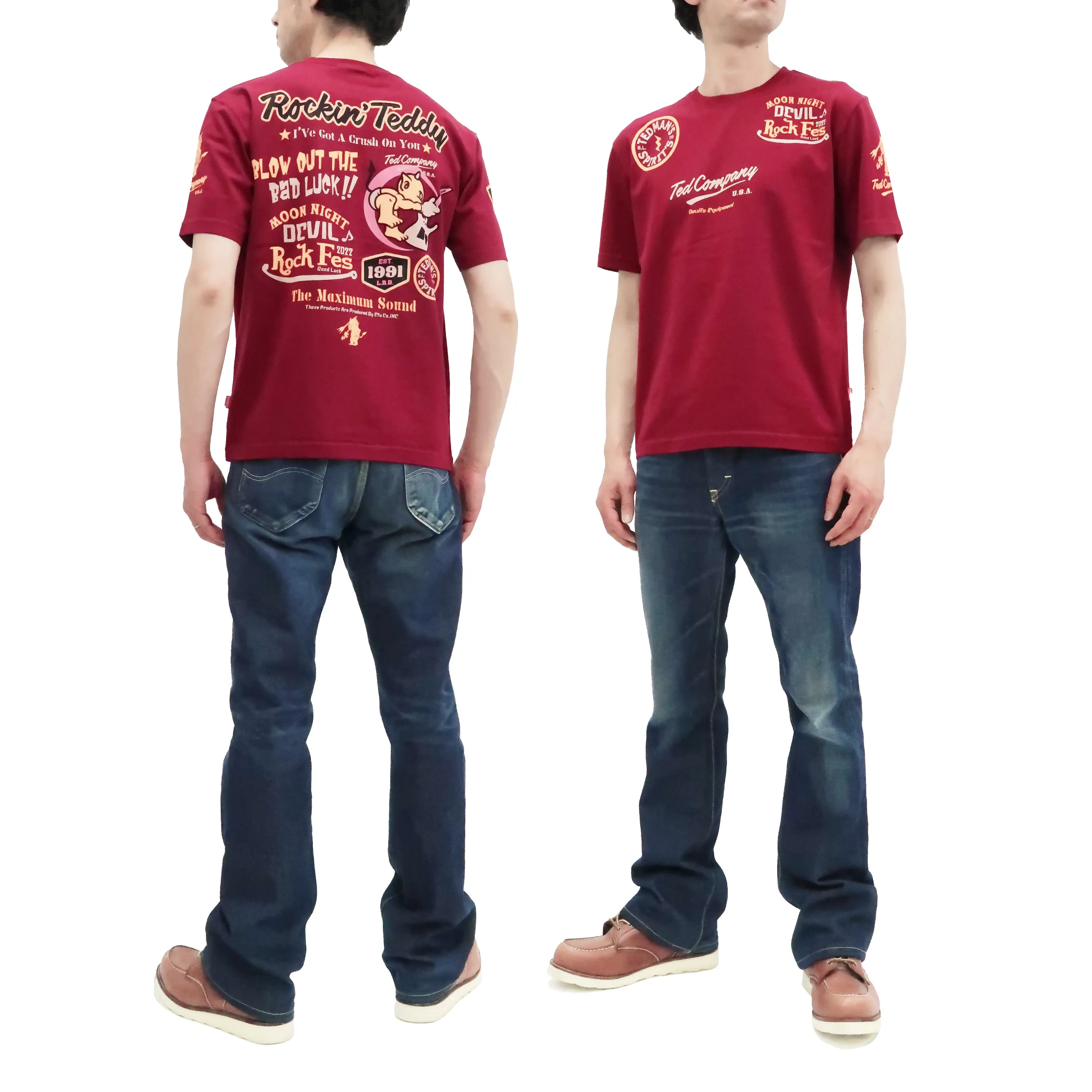 Tedman T-Shirt Men's Lucky Devil Rock Graphic Short Sleeve Tee Efu-Shokai TDSS-551 Wine-Red