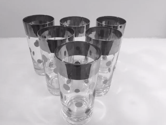 Vitreon Queens Luster Mid-Century Silver Polka Dot Platinum Glasses (Set of 6)